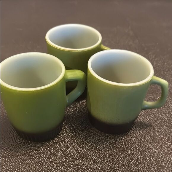 Anchor Hocking Fire King Avocado Green and Black Coffee Mugs Stackable - Picture 1 of 9